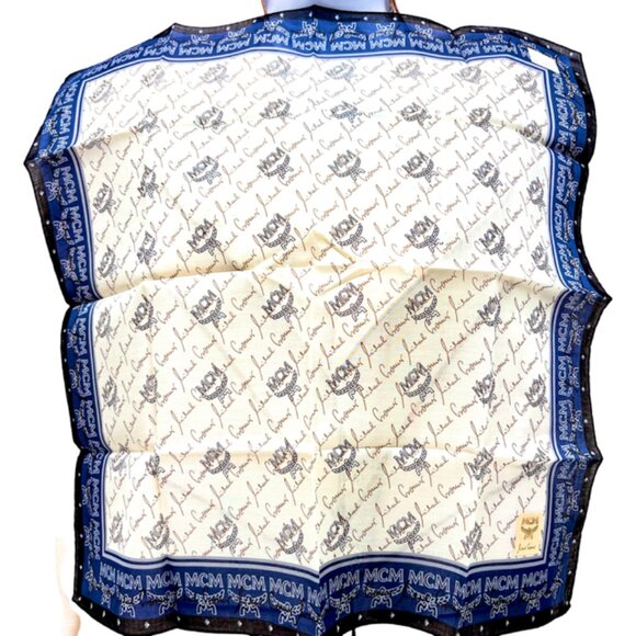 New MCM men/ women Handkerchief/ mini scarf cotton 19.5" Blue beige Log Print(99 - Picture 4 of 8